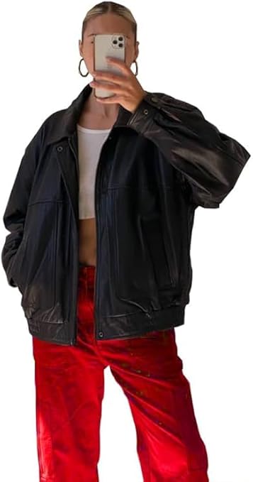 women’s oversized black leather statement zip jacket