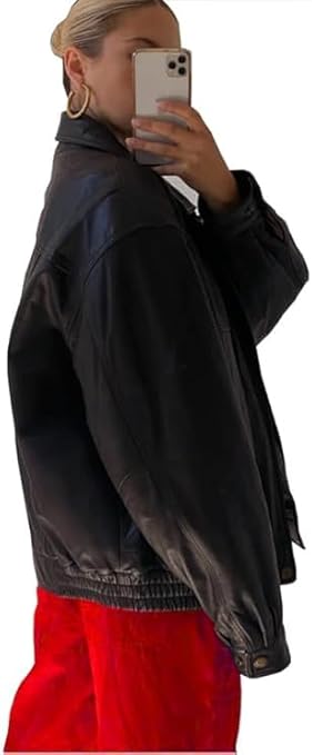 women’s oversized black leather statement zip jacket