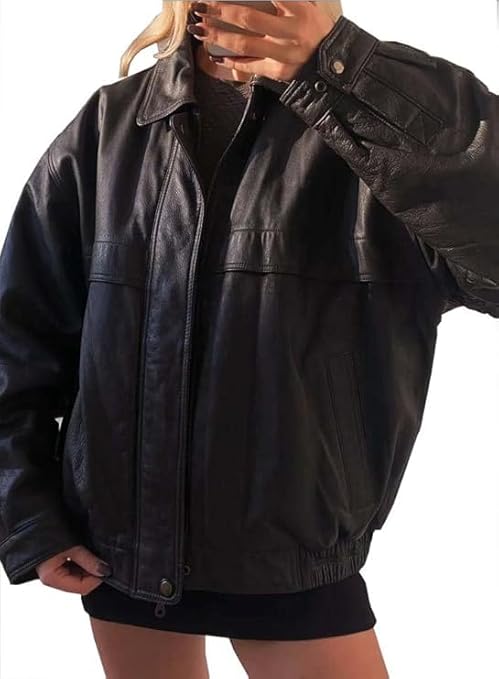 women’s oversized black leather streetwear jacket