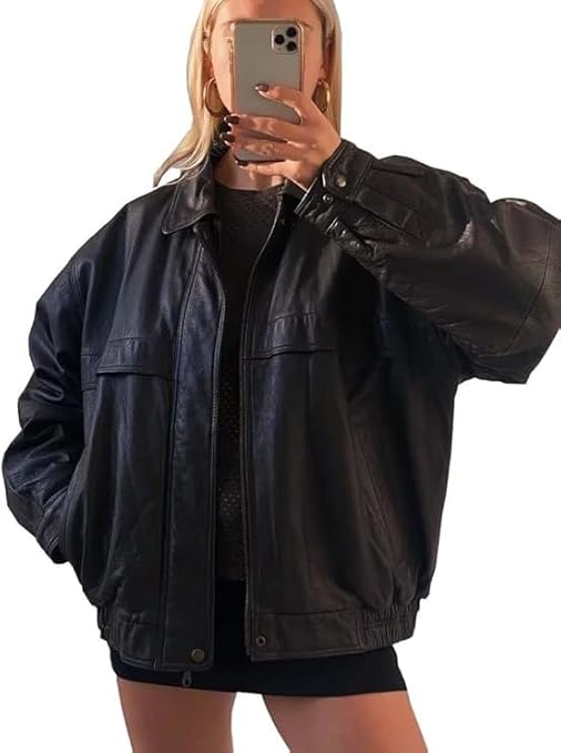 women’s oversized black leather streetwear jacket