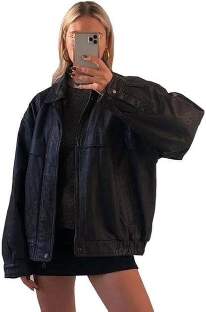 women’s oversized black leather streetwear jacket