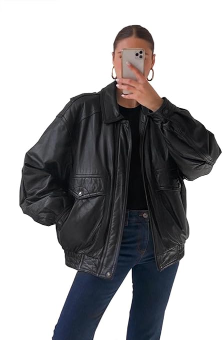 women’s oversized black leather utility jacket