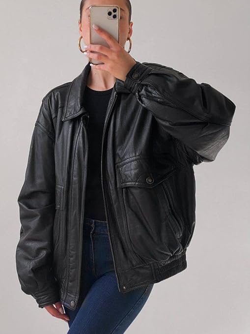 women’s oversized black leather utility jacket
