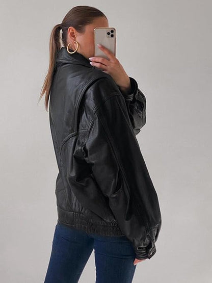 women’s oversized black leather utility jacket