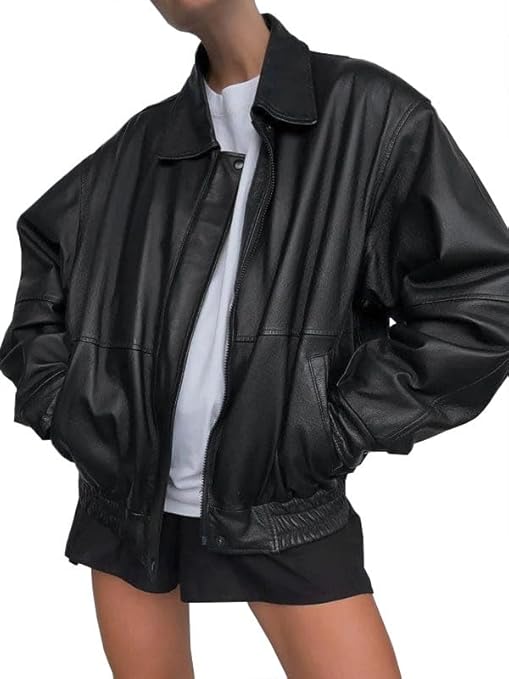 women’s oversized black leather vintage zip jacket