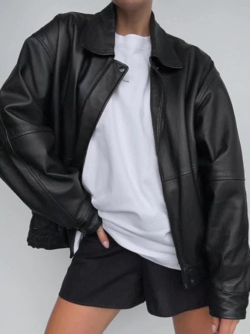 women’s oversized black leather vintage zip jacket