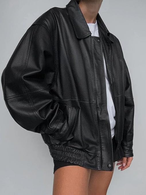 women’s oversized black leather vintage zip jacket