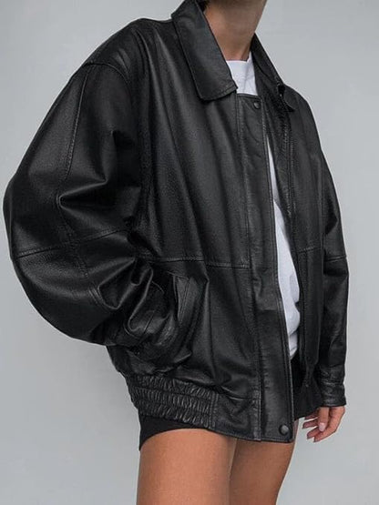 women’s oversized black leather vintage zip jacket