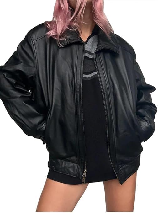women’s oversized black zip-front leather jacket