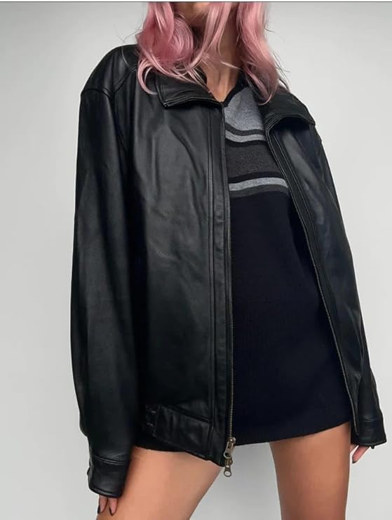 women’s oversized black zip-front leather jacket