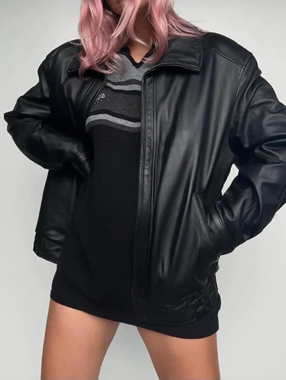 women’s oversized black zip-front leather jacket