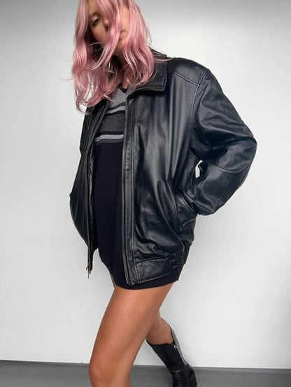women’s oversized black zip-front leather jacket