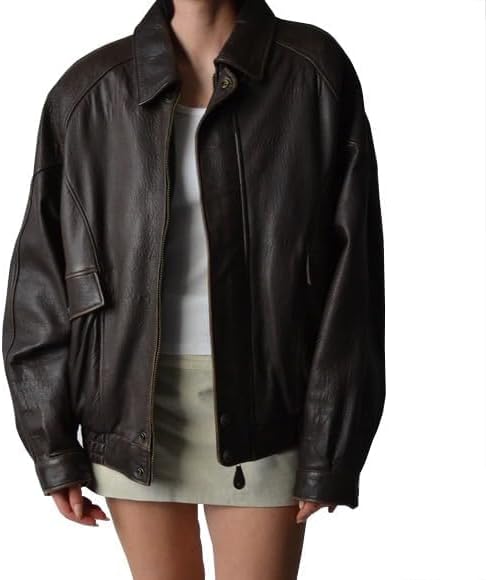 women’s oversized brown leather archive zip jacket