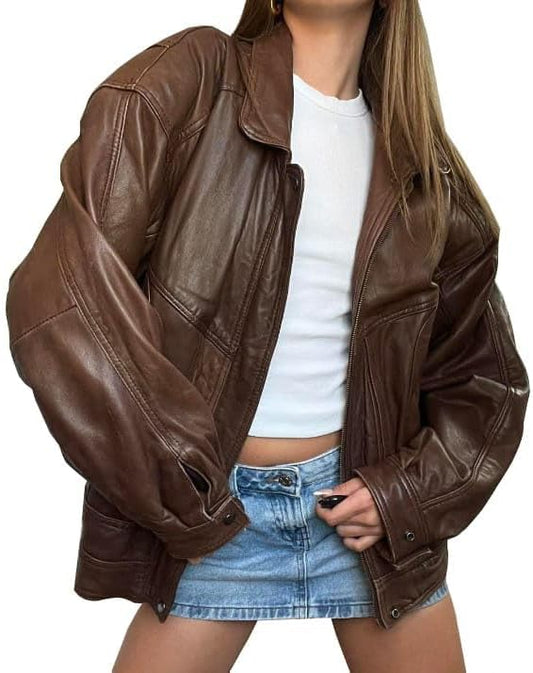 women’s oversized brown leather classic zip jacket