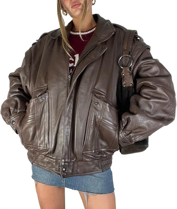 women’s oversized brown leather command zip jacket