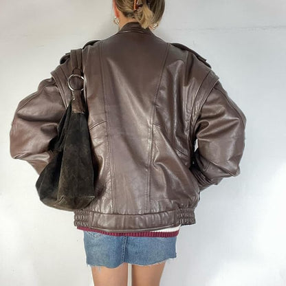 women’s oversized brown leather command zip jacket 