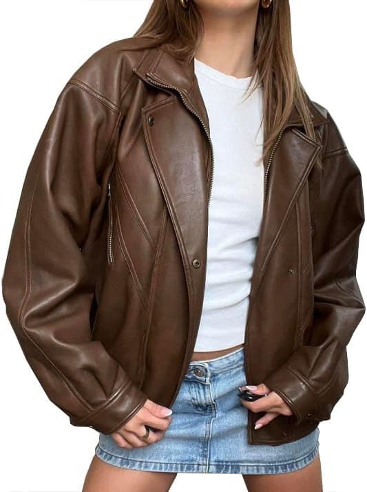women’s oversized brown leather contour zip jacket
