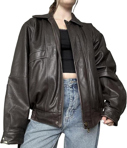 women’s oversized brown leather core zip jacket