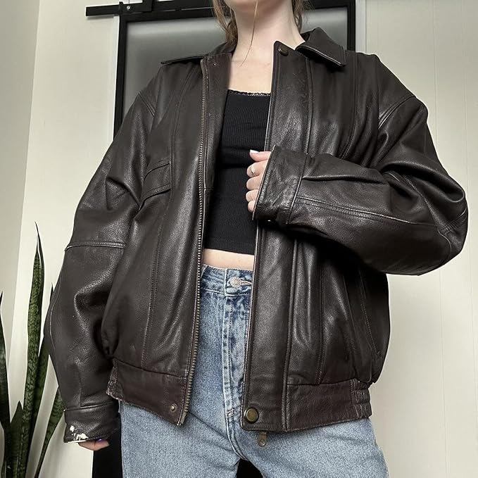 women’s oversized brown leather core zip jacket