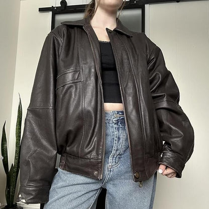 women’s oversized brown leather core zip jacket