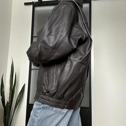 women’s oversized brown leather core zip jacket