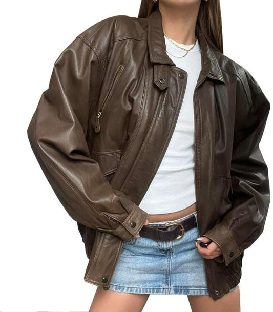 women’s oversized brown leather heritage zip jacket