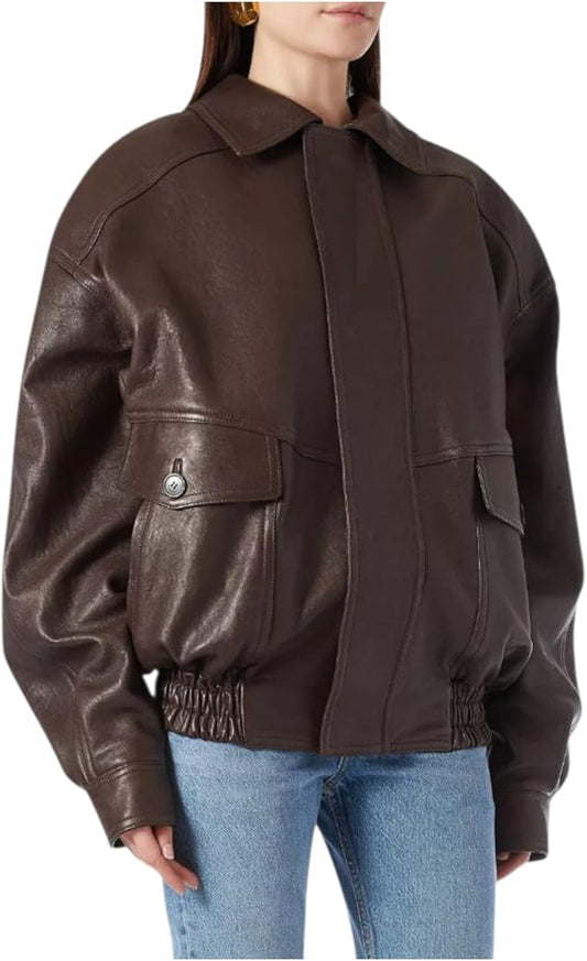 women’s oversized brown leather pinnacle zip jacket
