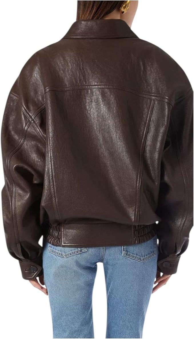 women’s oversized brown leather pinnacle zip jacket