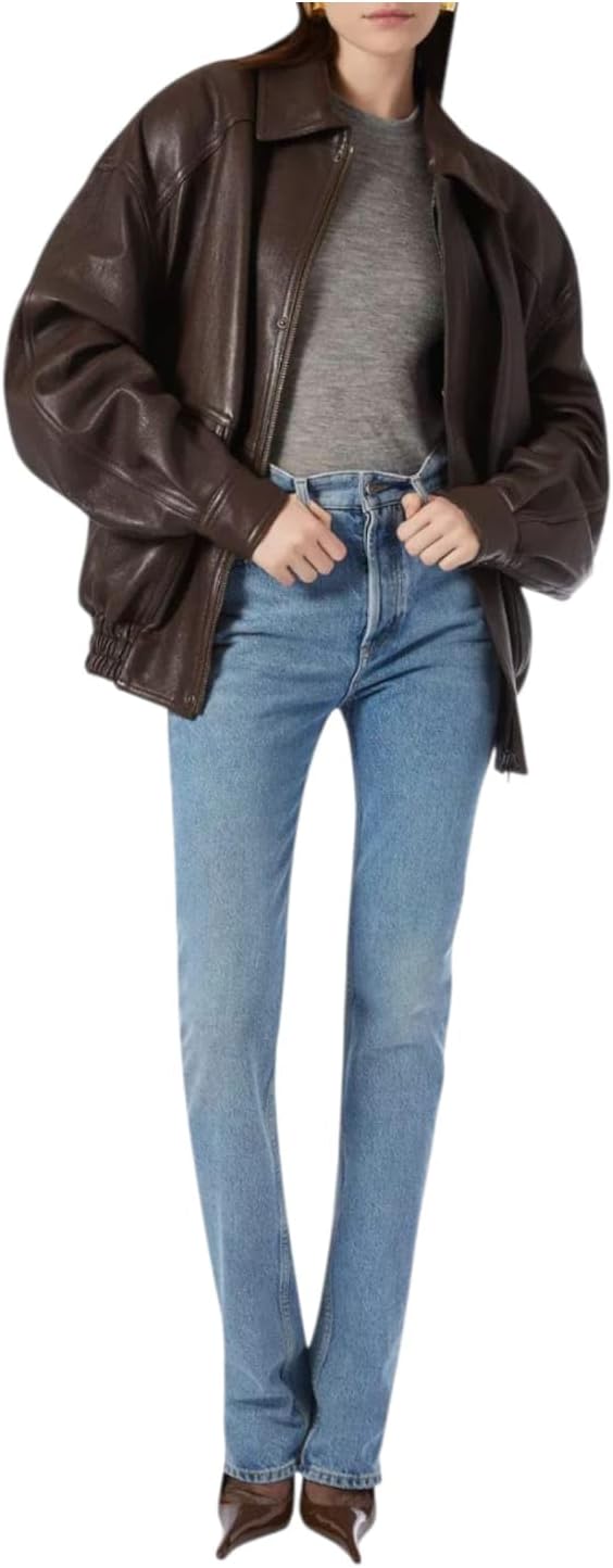 women’s oversized brown leather pinnacle zip jacket