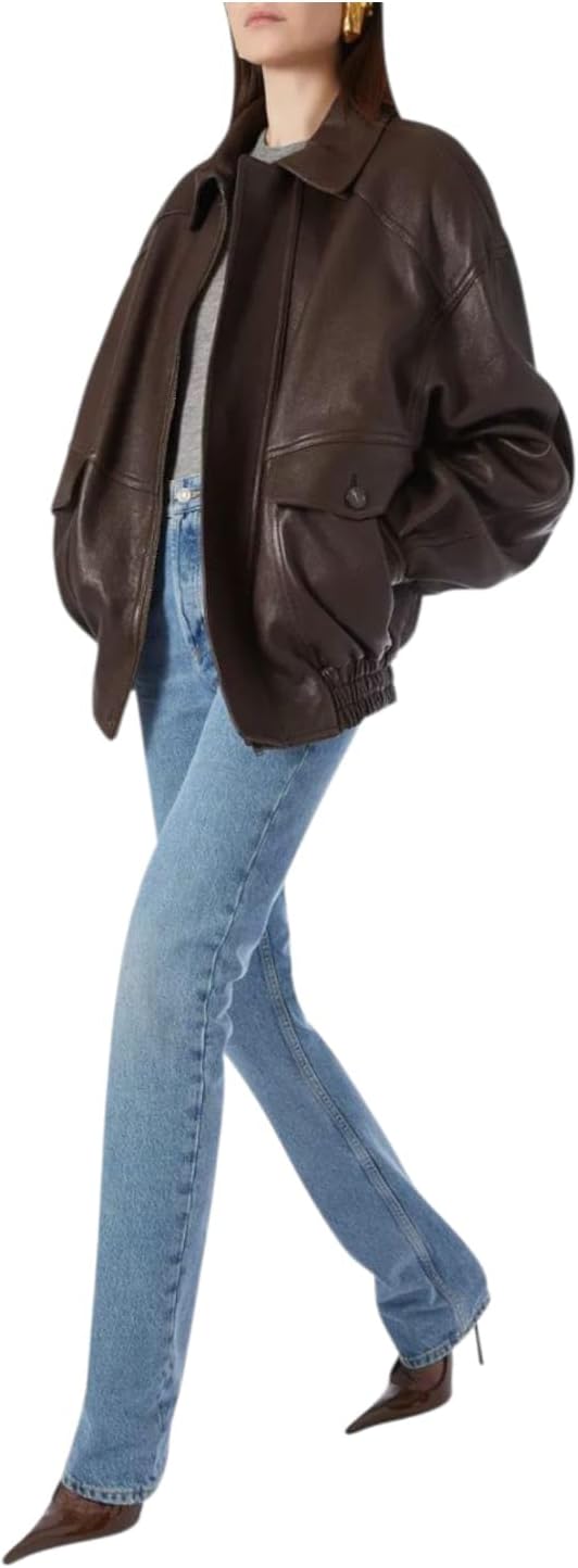 women’s oversized brown leather pinnacle zip jacket