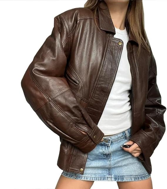 women’s oversized brown leather studio zip jacket