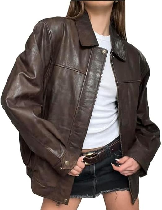 women’s oversized brown leather vintage zip jacket
