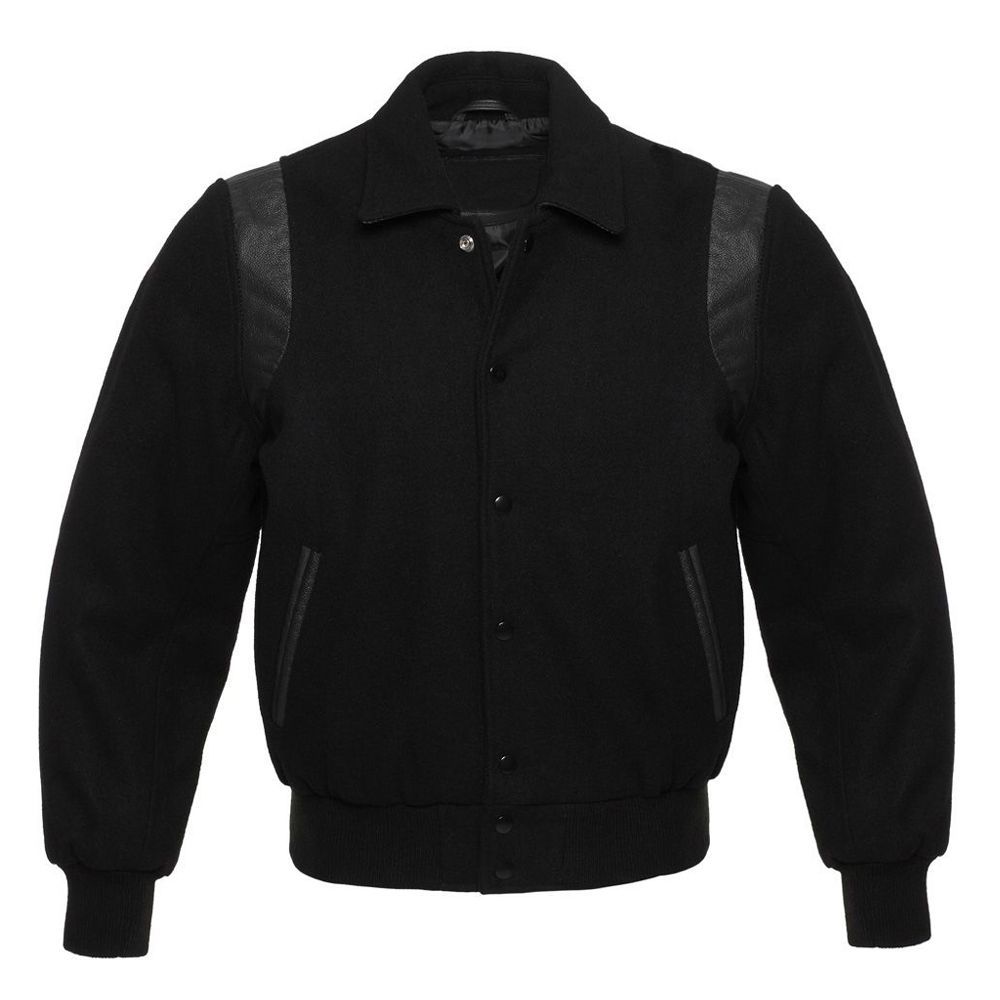 Vintage Solid Black Wool Varsity Jacket